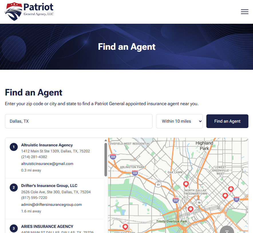 Patriot MGA website and Find an Agent tool